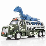 Laden Sie das Bild in den Galerie-Viewer, Dinosaur Capture Storage Carrier Alloy Metal Truck Vehicle Toy Set with Light and Sound Deep Green / Velociraptor