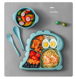 Laden Sie das Bild in den Galerie-Viewer, Kids Cartoon Dinosaur Divided Plate Set with Bowl Spoon Fork Microwave Safe BPA Free Lake Blue