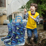 Laden Sie das Bild in den Galerie-Viewer, Dinosaur Rain Boots with Easy Handles Dinosaur Pattern Waterproof Rubber Toddlers Kids