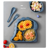 Laden Sie das Bild in den Galerie-Viewer, Kids Cartoon Dinosaur Divided Plate Set with Bowl Spoon Fork Microwave Safe BPA Free Haze Blue